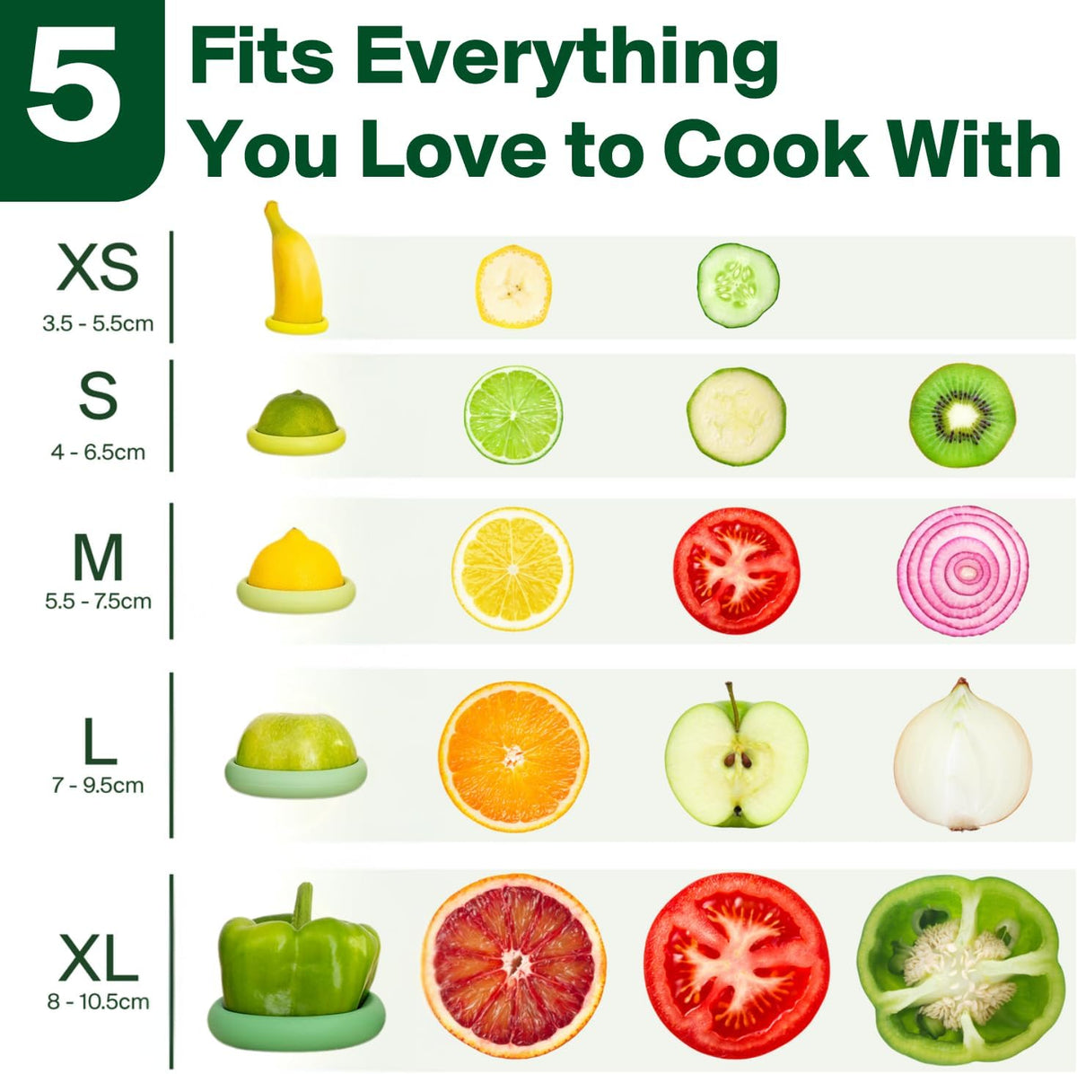 5pc Reusable Silicone Food Savers | BPA Free | Plastic Free Food Storage | Dishwasher Safe | Fruit & Vegetable Produce Storage for Onion, Tomato, Lemon, Banana & Cans | Round, Sage Green