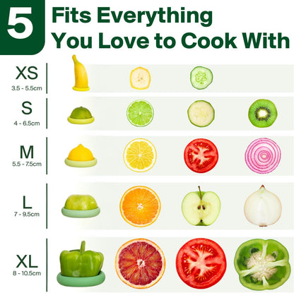 5pc Reusable Silicone Food Savers | BPA Free | Plastic Free Food Storage | Dishwasher Safe | Fruit & Vegetable Produce Storage for Onion, Tomato, Lemon, Banana & Cans | Round, Sage Green