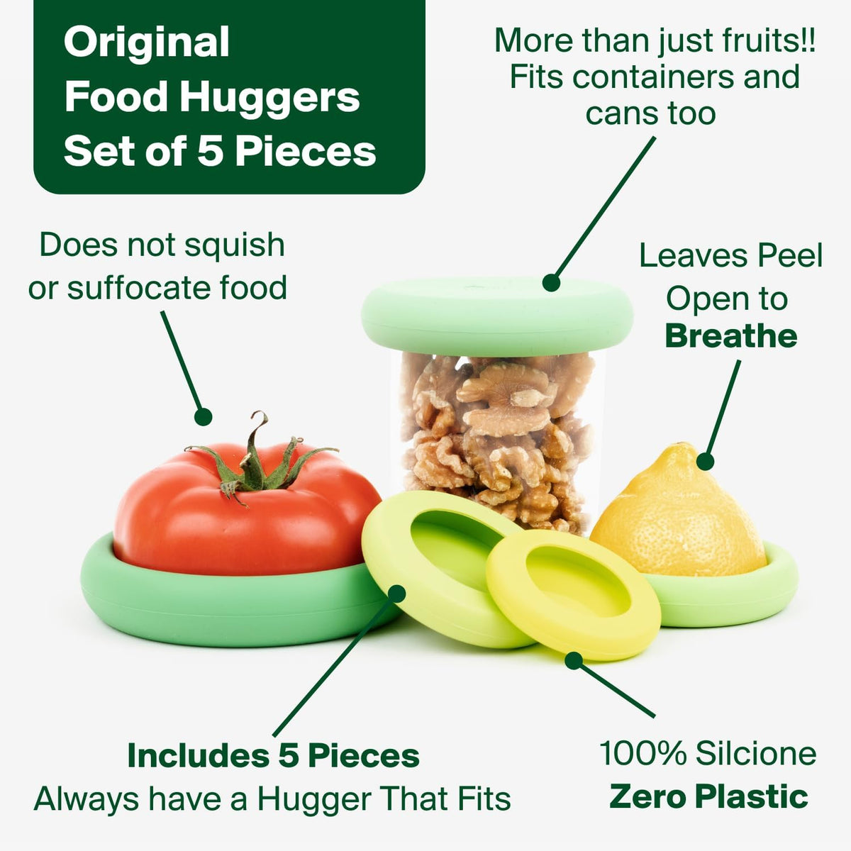 5pc Reusable Silicone Food Savers | BPA Free | Plastic Free Food Storage | Dishwasher Safe | Fruit & Vegetable Produce Storage for Onion, Tomato, Lemon, Banana & Cans | Round, Sage Green