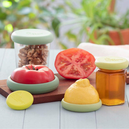 5pc Reusable Silicone Food Savers | BPA Free | Plastic Free Food Storage | Dishwasher Safe | Fruit & Vegetable Produce Storage for Onion, Tomato, Lemon, Banana & Cans | Round, Sage Green