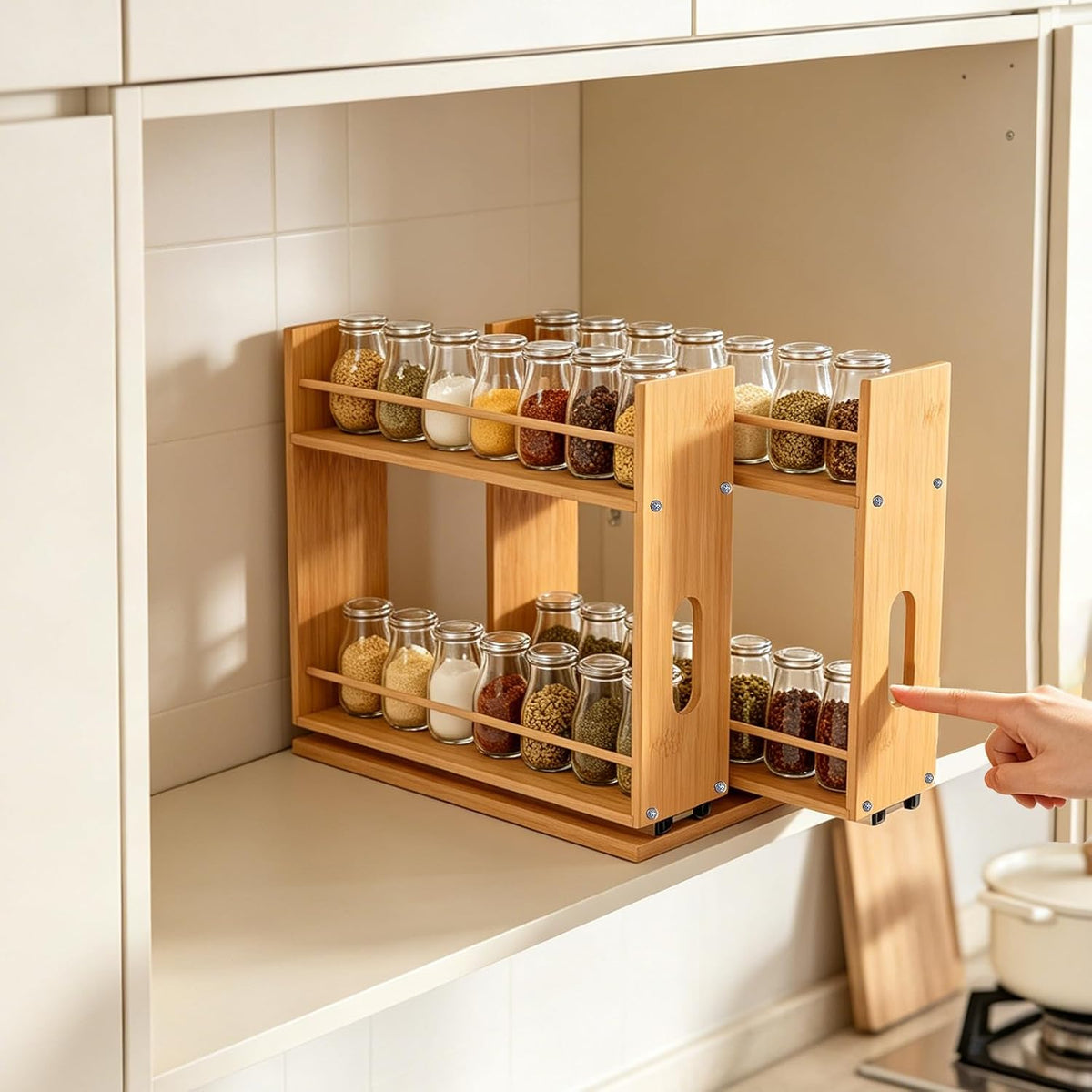 Bamboo Pull Out Spice Rack Organizer for Cabinet, Sliding Spicy Shelf Seasoning Rack Kitchen Spice Vertical Organization for Pantry Countertop Cabinet, 2 Drawers