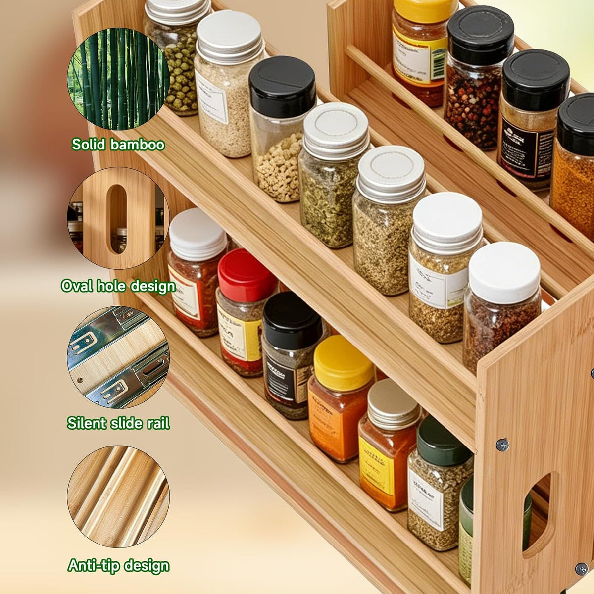 Bamboo Pull Out Spice Rack Organizer for Cabinet, Sliding Spicy Shelf Seasoning Rack Kitchen Spice Vertical Organization for Pantry Countertop Cabinet, 2 Drawers