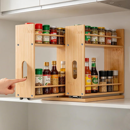 Bamboo Pull Out Spice Rack Organizer for Cabinet, Sliding Spicy Shelf Seasoning Rack Kitchen Spice Vertical Organization for Pantry Countertop Cabinet, 2 Drawers