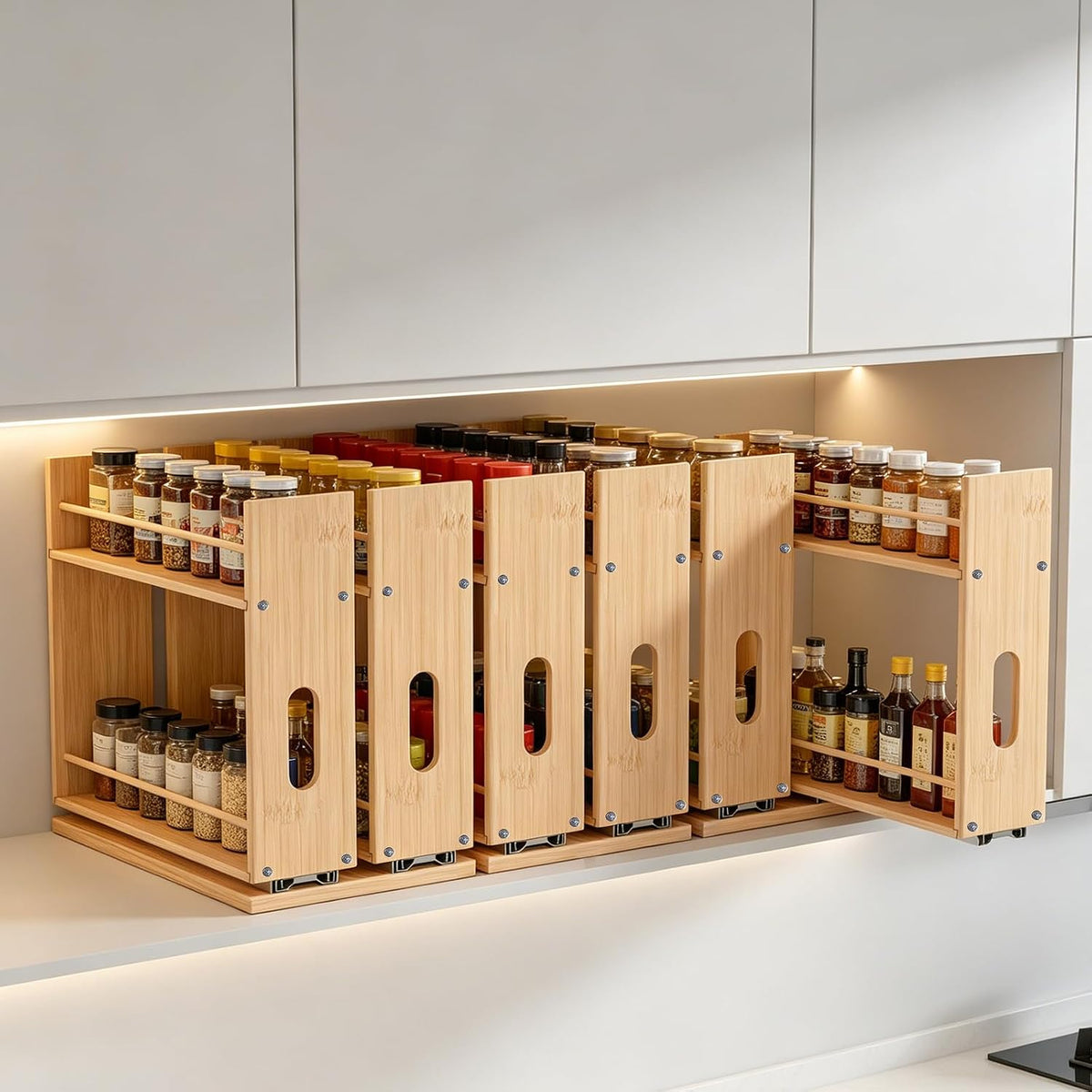 Bamboo Pull Out Spice Rack Organizer for Cabinet, Sliding Spicy Shelf Seasoning Rack Kitchen Spice Vertical Organization for Pantry Countertop Cabinet, 2 Drawers