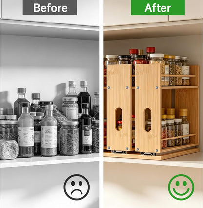 Bamboo Pull Out Spice Rack Organizer for Cabinet, Sliding Spicy Shelf Seasoning Rack Kitchen Spice Vertical Organization for Pantry Countertop Cabinet, 2 Drawers