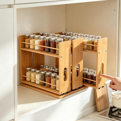 Bamboo Pull Out Spice Rack Organizer for Cabinet, Sliding Spicy Shelf Seasoning Rack Kitchen Spice Vertical Organization for Pantry Countertop Cabinet, 2 Drawers