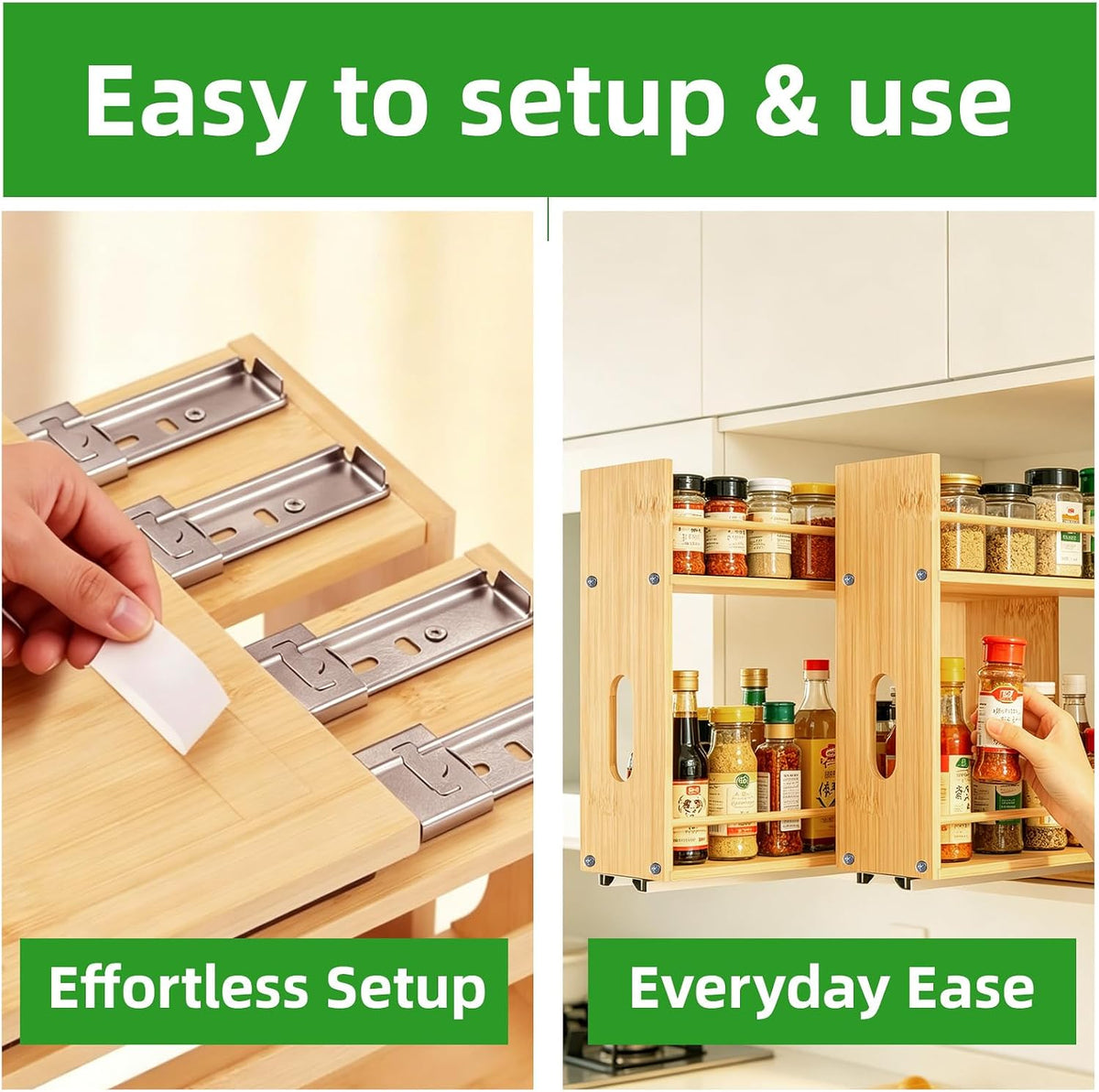 Bamboo Pull Out Spice Rack Organizer for Cabinet, Sliding Spicy Shelf Seasoning Rack Kitchen Spice Vertical Organization for Pantry Countertop Cabinet, 2 Drawers