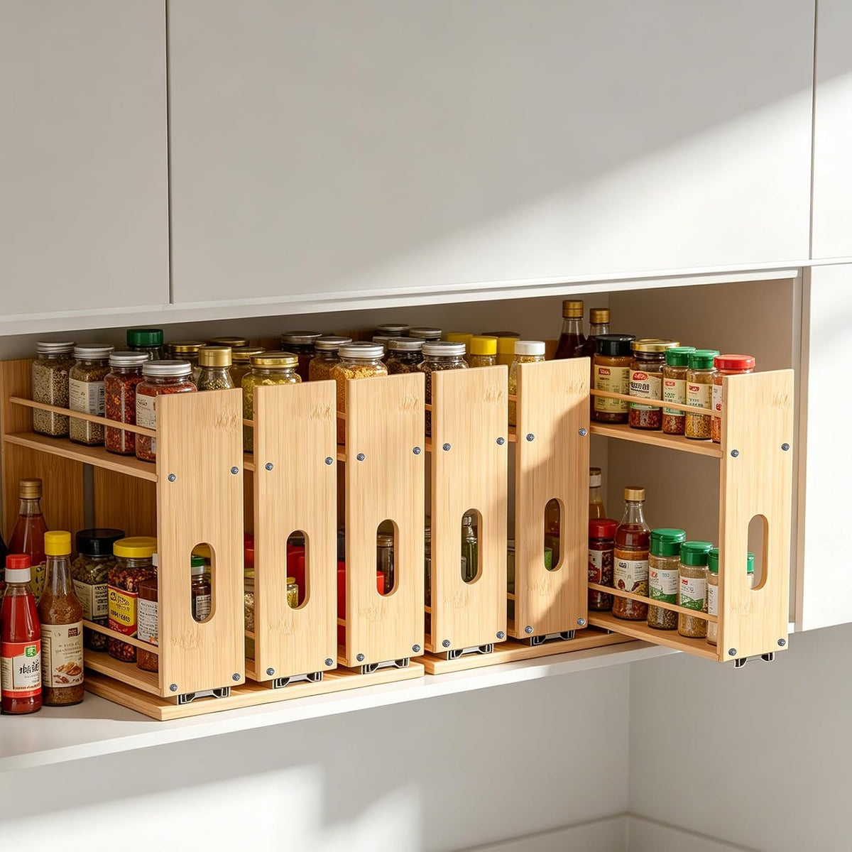 Bamboo Pull Out Spice Rack Organizer for Cabinet, Sliding Spicy Shelf Seasoning Rack Kitchen Spice Vertical Organization for Pantry Countertop Cabinet, 2 Drawers