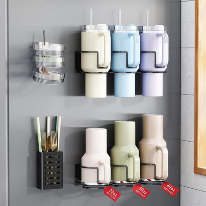 Magnetic Cup Holder for Fridge, Tumbler Organizer Fits 20/30/40 oz Stanley Cups, Accessory Storage with Lid & Straw Holder, Space-Saving Storage Rack for Kitchen Fridge (Black-Cup Holder Set)