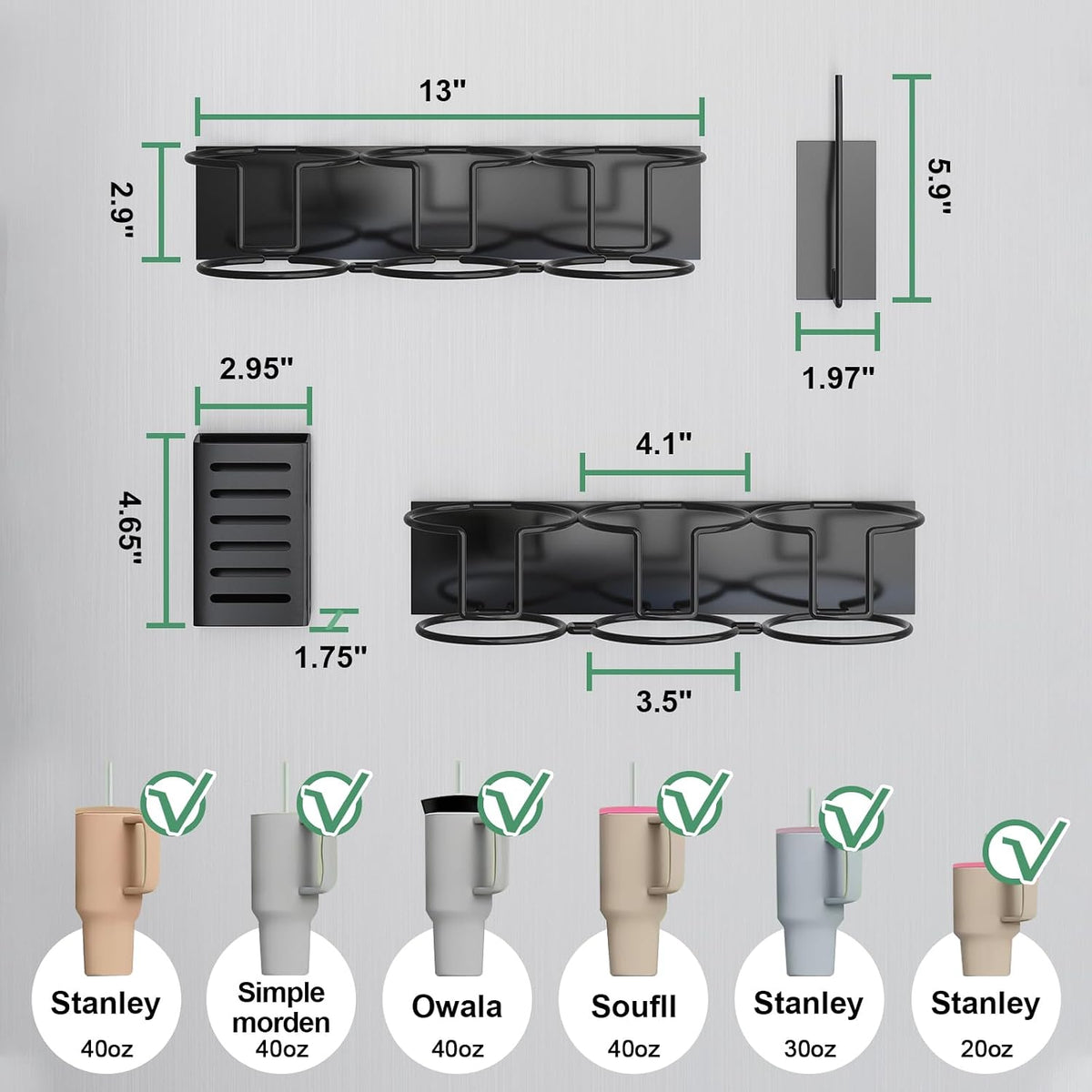 Magnetic Cup Holder for Fridge, Tumbler Organizer Fits 20/30/40 oz Stanley Cups, Accessory Storage with Lid & Straw Holder, Space-Saving Storage Rack for Kitchen Fridge (Black-Cup Holder Set)