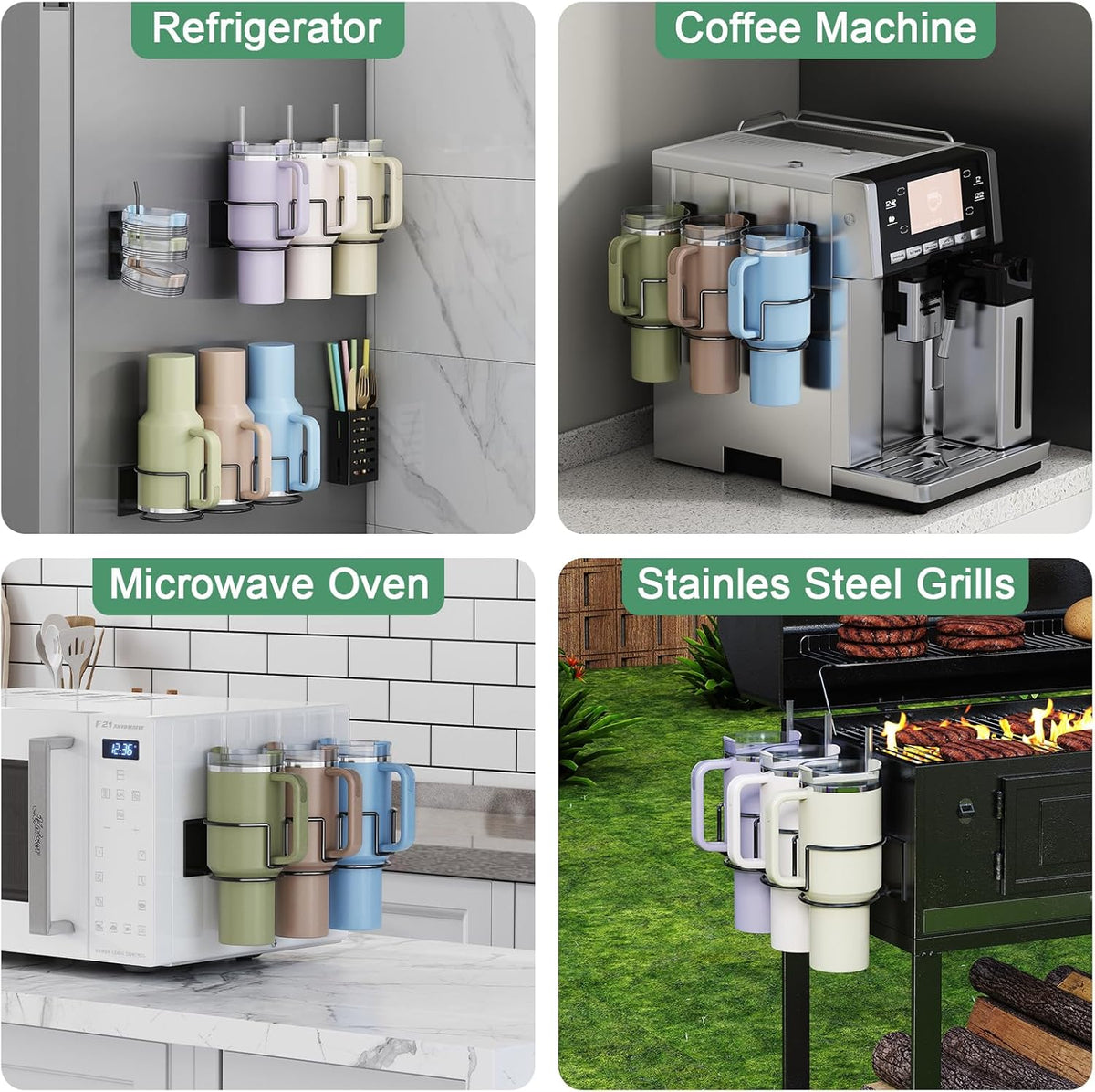 Magnetic Cup Holder for Fridge, Tumbler Organizer Fits 20/30/40 oz Stanley Cups, Accessory Storage with Lid & Straw Holder, Space-Saving Storage Rack for Kitchen Fridge (Black-Cup Holder Set)