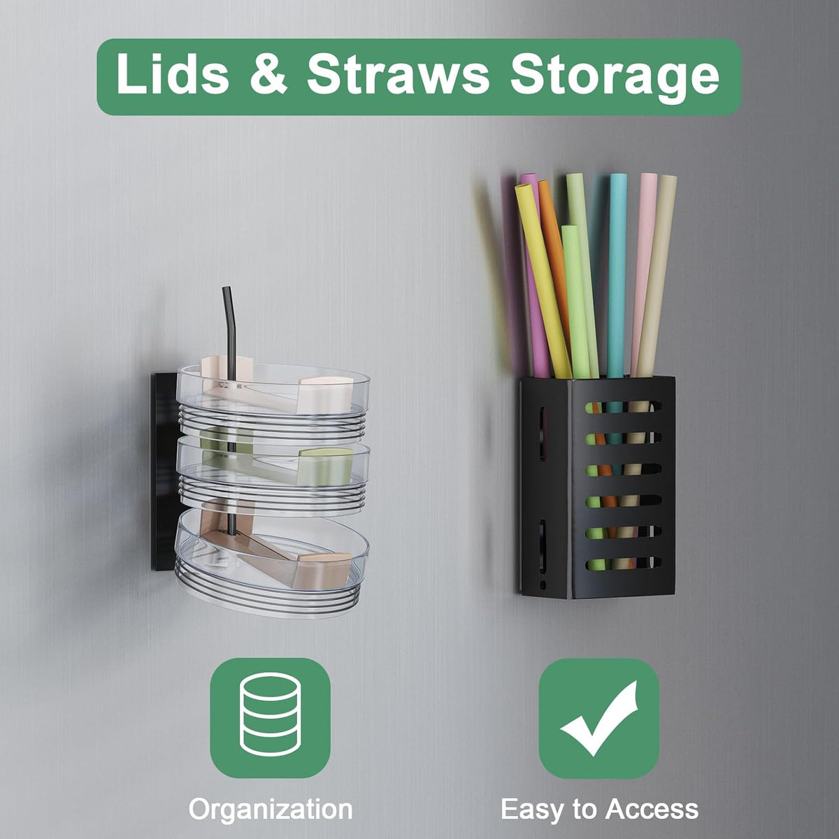 Magnetic Cup Holder for Fridge, Tumbler Organizer Fits 20/30/40 oz Stanley Cups, Accessory Storage with Lid & Straw Holder, Space-Saving Storage Rack for Kitchen Fridge (Black-Cup Holder Set)