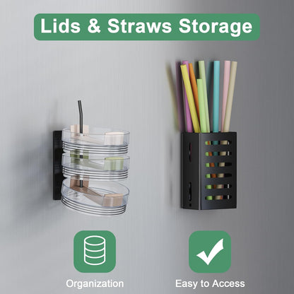 Magnetic Cup Holder for Fridge, Tumbler Organizer Fits 20/30/40 oz Stanley Cups, Accessory Storage with Lid & Straw Holder, Space-Saving Storage Rack for Kitchen Fridge (Black-Cup Holder Set)