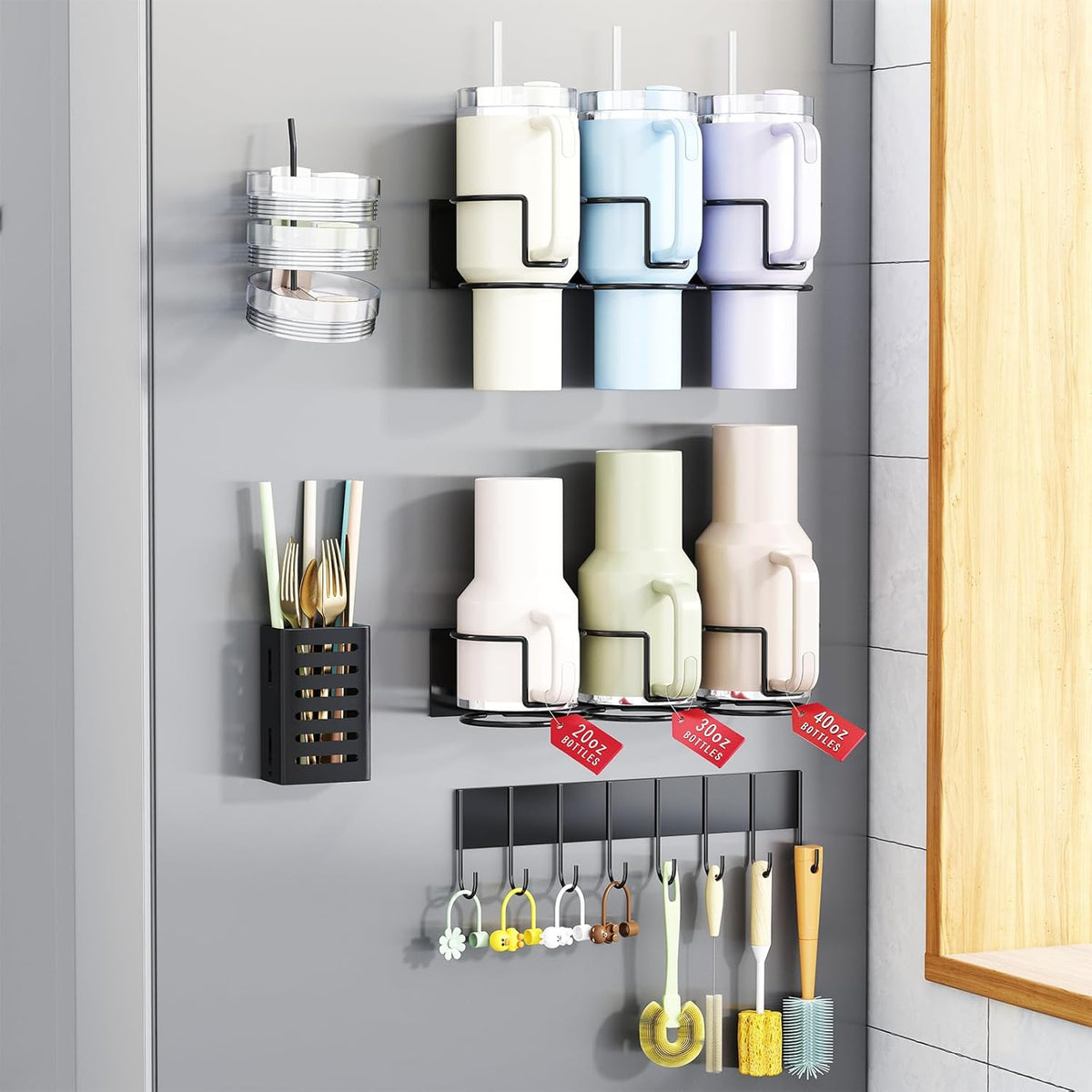 Magnetic Cup Holder for Fridge, Tumbler Organizer Fits 20/30/40 oz Stanley Cups, Accessory Storage with Lid & Straw Holder, Space-Saving Storage Rack for Kitchen Fridge (Black-Cup Holder Set)