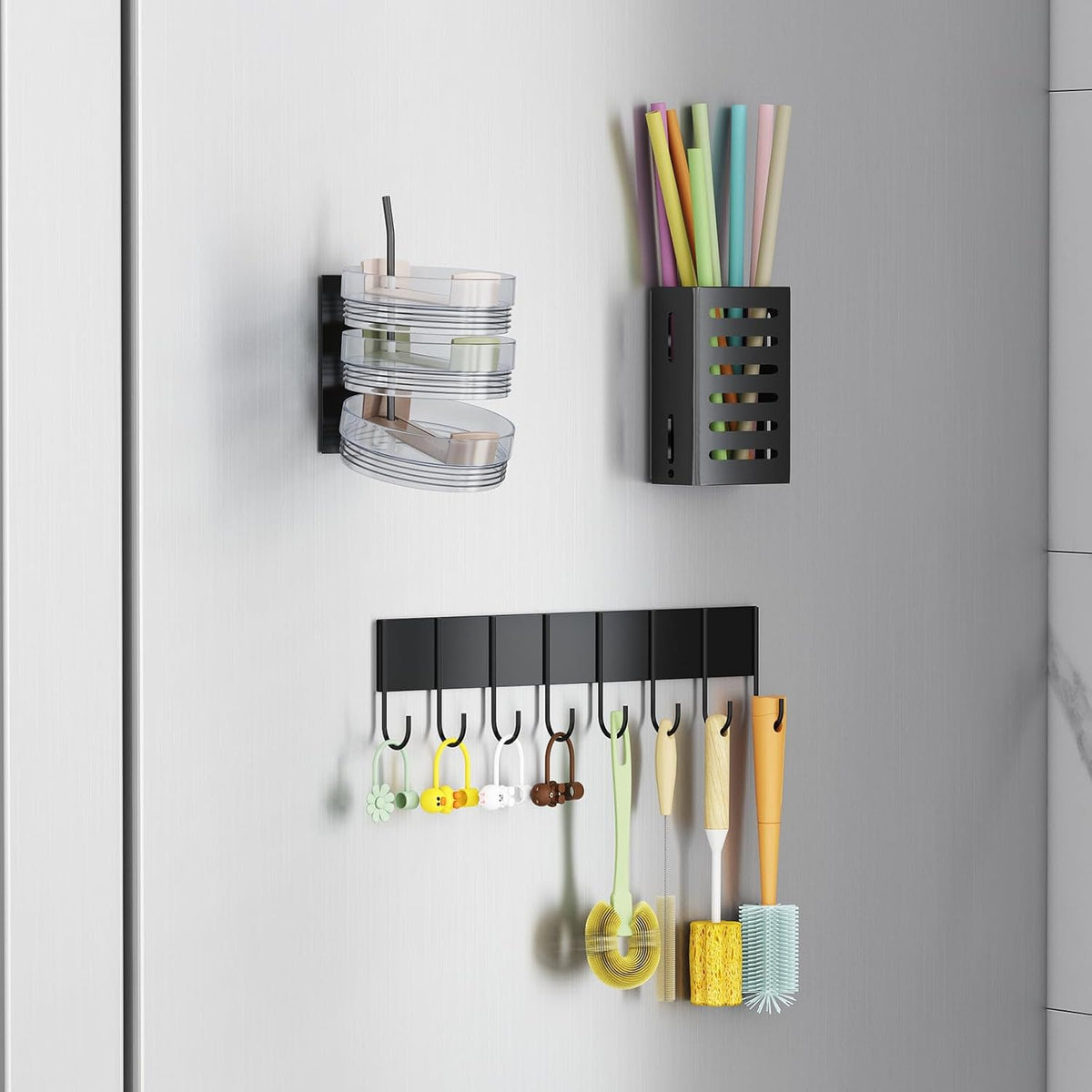 Magnetic Cup Holder for Fridge, Tumbler Organizer Fits 20/30/40 oz Stanley Cups, Accessory Storage with Lid & Straw Holder, Space-Saving Storage Rack for Kitchen Fridge (Black-Cup Holder Set)