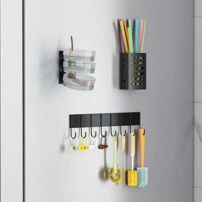 Magnetic Cup Holder for Fridge, Tumbler Organizer Fits 20/30/40 oz Stanley Cups, Accessory Storage with Lid & Straw Holder, Space-Saving Storage Rack for Kitchen Fridge (Black-Cup Holder Set)