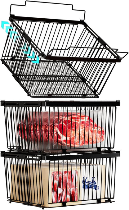 Large Freezer Organizer Bins，Upgraded Bottom Leak-Proof net，Fit 5 to 9 Cu Ft Chest Freezer，3 Pack， Expandable Stackable Chest Freezer Containers with Handle (Black-3Pack)
