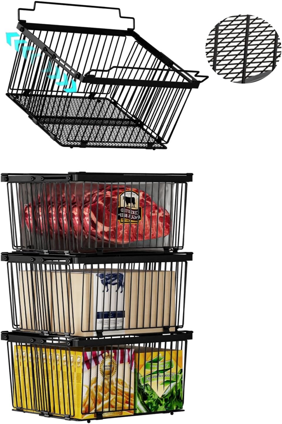 Large Freezer Organizer Bins，Upgraded Bottom Leak-Proof net，Fit 5 to 9 Cu Ft Chest Freezer，3 Pack， Expandable Stackable Chest Freezer Containers with Handle (Black-3Pack)