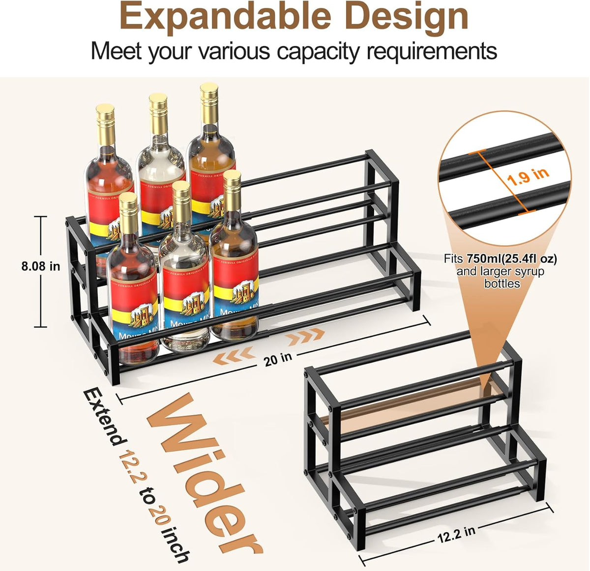 Expandable Coffee Syrup Organizer, Heavy Duty Syrup Rack Enlarged 6-12 Bottles Syrup Stand for Coffee Bar Accessories, Width Adjustable Space-Saving Storage Coffee Rack for Syrup, Wine