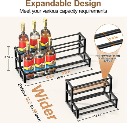 Expandable Coffee Syrup Organizer, Heavy Duty Syrup Rack Enlarged 6-12 Bottles Syrup Stand for Coffee Bar Accessories, Width Adjustable Space-Saving Storage Coffee Rack for Syrup, Wine