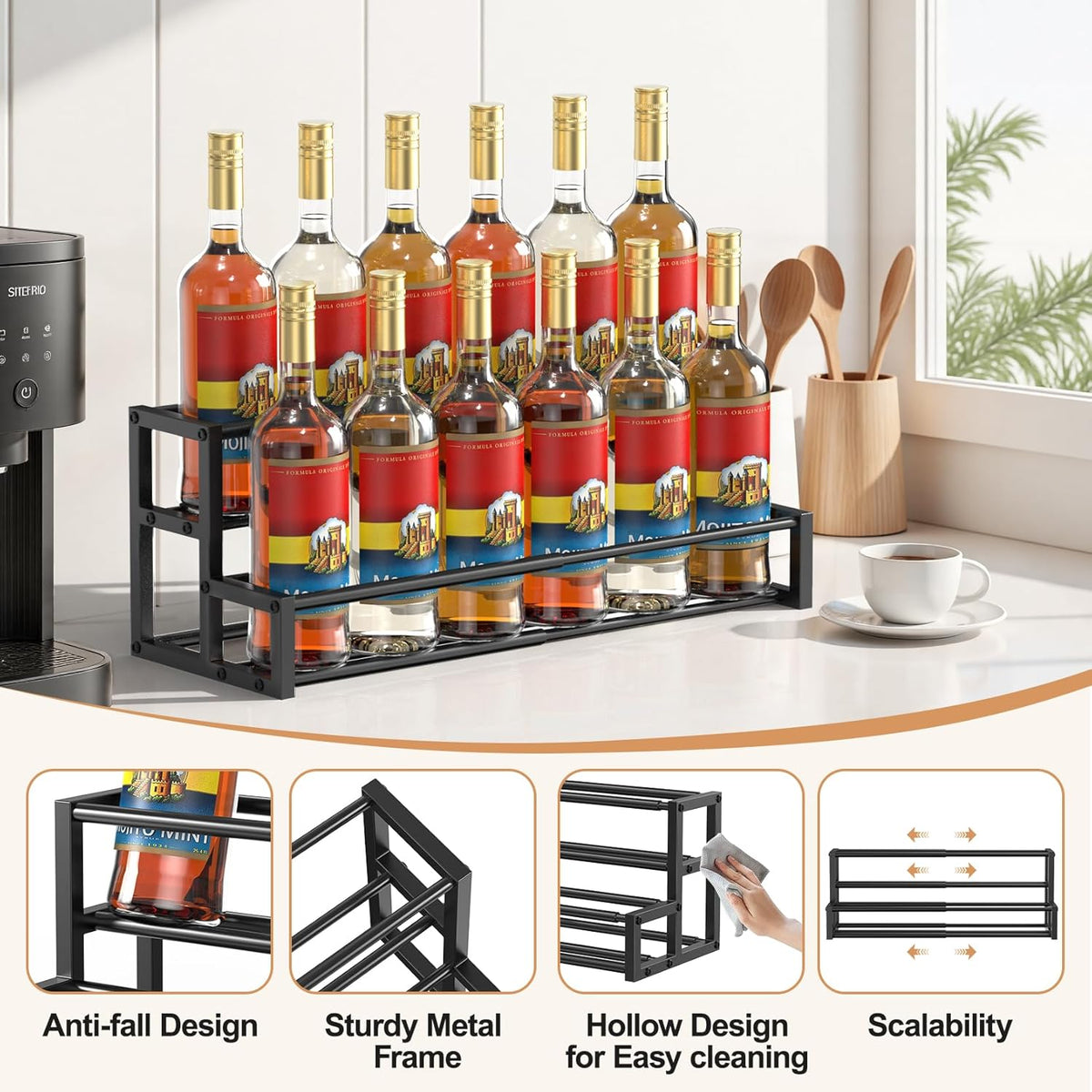 Expandable Coffee Syrup Organizer, Heavy Duty Syrup Rack Enlarged 6-12 Bottles Syrup Stand for Coffee Bar Accessories, Width Adjustable Space-Saving Storage Coffee Rack for Syrup, Wine