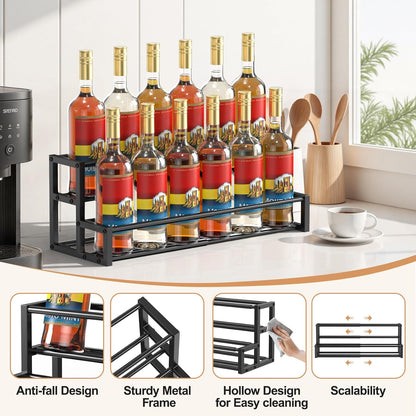 Expandable Coffee Syrup Organizer, Heavy Duty Syrup Rack Enlarged 6-12 Bottles Syrup Stand for Coffee Bar Accessories, Width Adjustable Space-Saving Storage Coffee Rack for Syrup, Wine