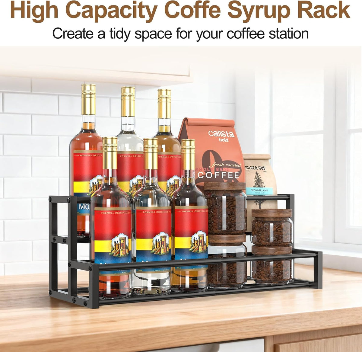 Expandable Coffee Syrup Organizer, Heavy Duty Syrup Rack Enlarged 6-12 Bottles Syrup Stand for Coffee Bar Accessories, Width Adjustable Space-Saving Storage Coffee Rack for Syrup, Wine