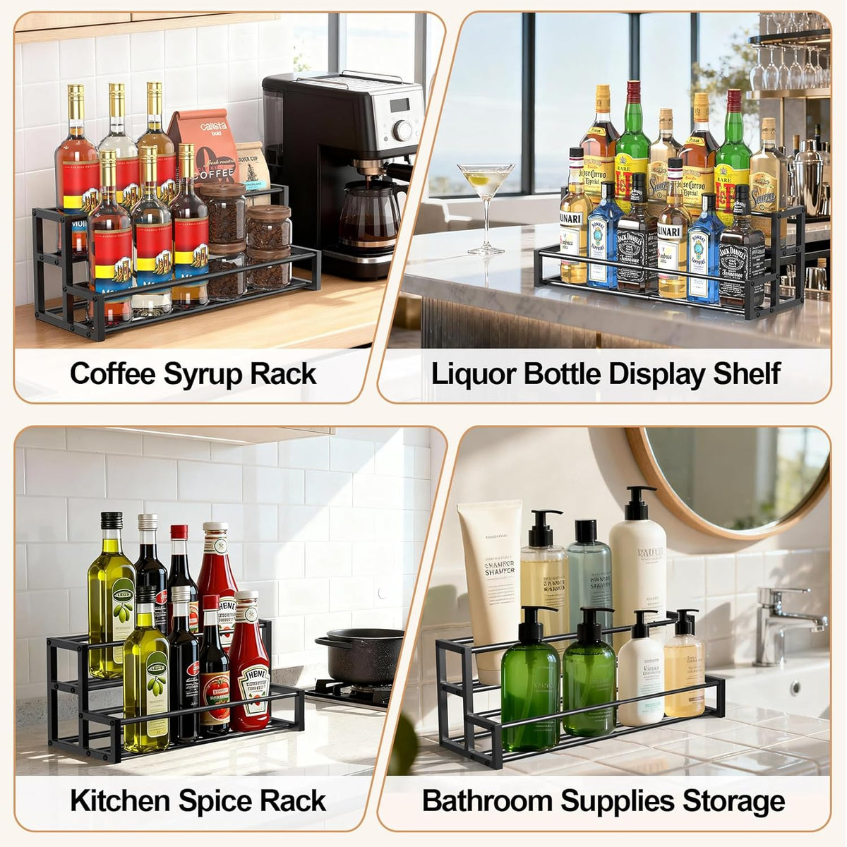 Expandable Coffee Syrup Organizer, Heavy Duty Syrup Rack Enlarged 6-12 Bottles Syrup Stand for Coffee Bar Accessories, Width Adjustable Space-Saving Storage Coffee Rack for Syrup, Wine