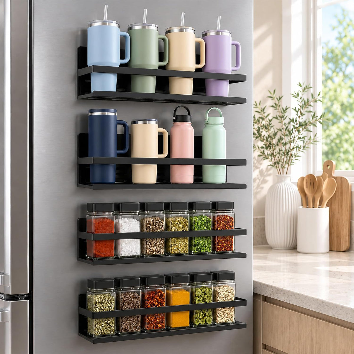 4 Pack Iron Magnetic Water Bottle Holder for Tumbler 20/30/40 oz | Rust-resistant iron, holds up to 9 lbs per shelf, includes screws for wall mount, dust resistant, fits standard spice jars
