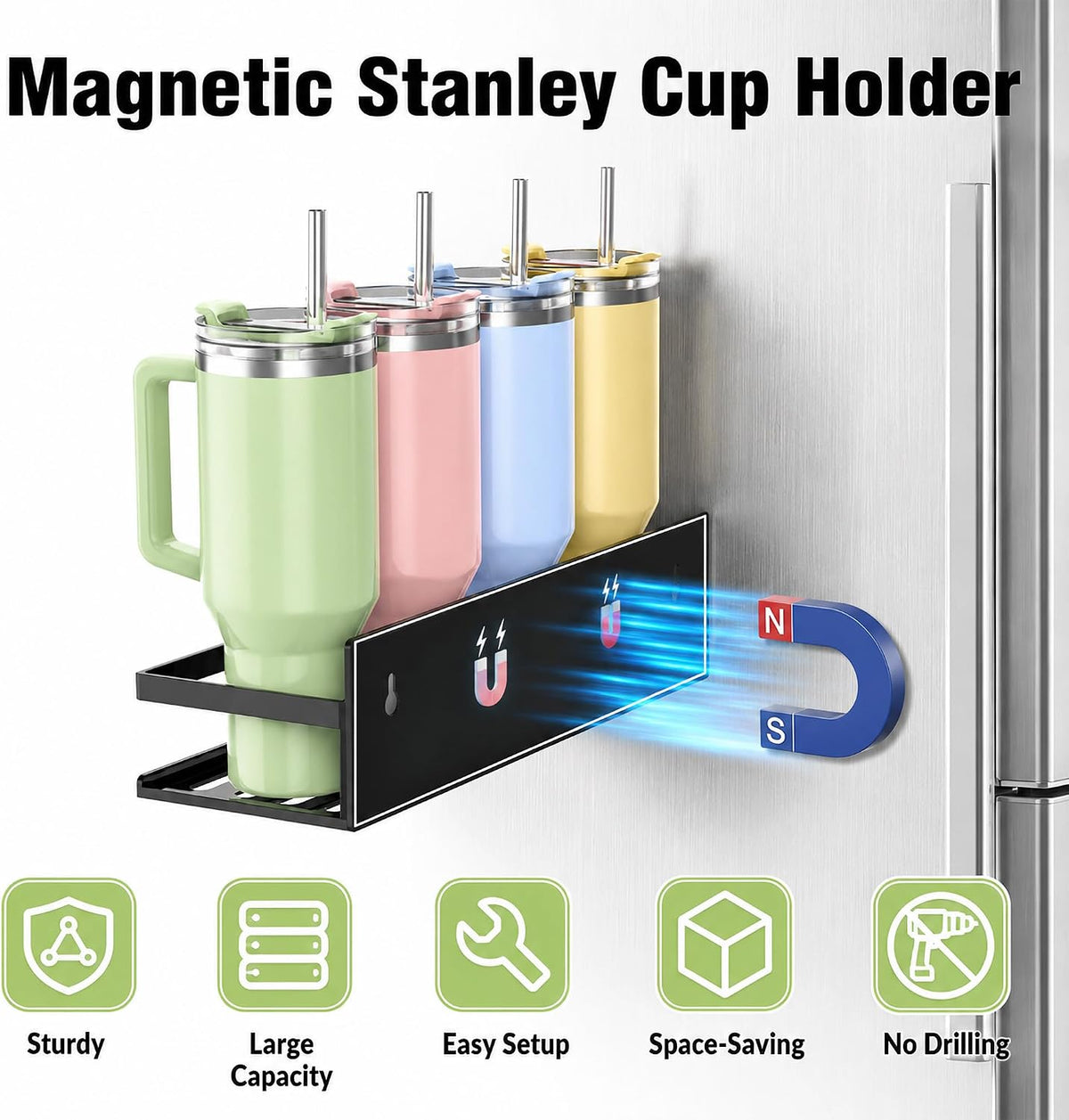 4 Pack Iron Magnetic Water Bottle Holder for Tumbler 20/30/40 oz | Rust-resistant iron, holds up to 9 lbs per shelf, includes screws for wall mount, dust resistant, fits standard spice jars