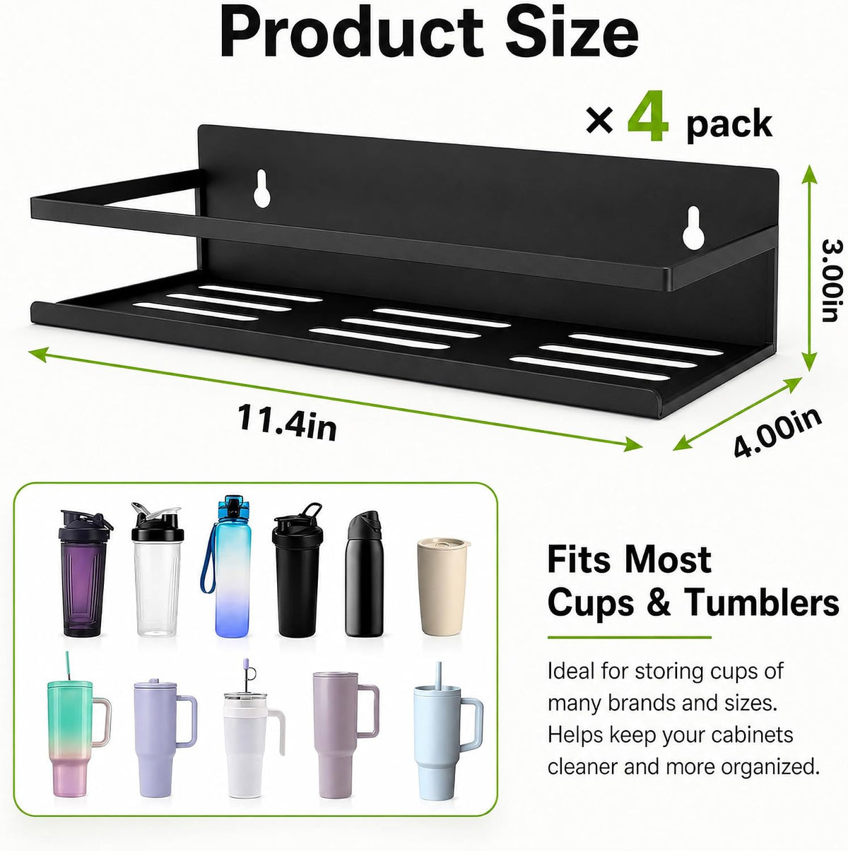 4 Pack Iron Magnetic Water Bottle Holder for Tumbler 20/30/40 oz | Rust-resistant iron, holds up to 9 lbs per shelf, includes screws for wall mount, dust resistant, fits standard spice jars