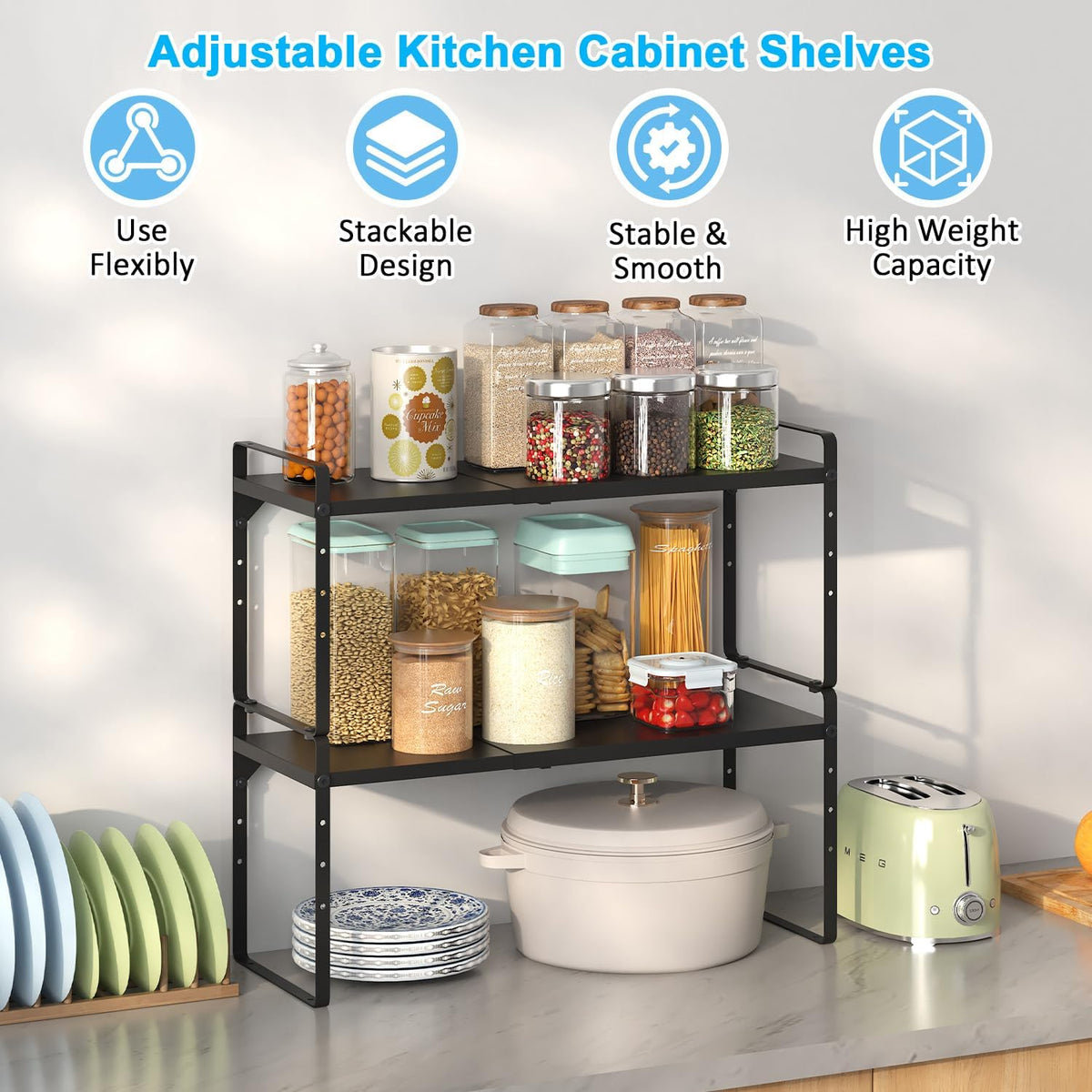 15.5 to 25.5 Inch Expandable Kitchen Cabinet Organizer Shelf, 30 LBS Heavy Duty Adjustable Kitchen Counter Storage Shelves Organizers,Stackable Small Storage Shelf Rack For Cabinet Cupboard