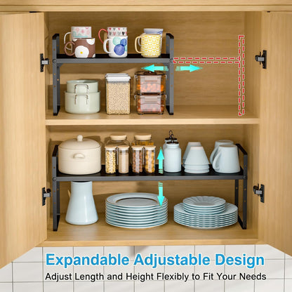 15.5 to 25.5 Inch Expandable Kitchen Cabinet Organizer Shelf, 30 LBS Heavy Duty Adjustable Kitchen Counter Storage Shelves Organizers,Stackable Small Storage Shelf Rack For Cabinet Cupboard