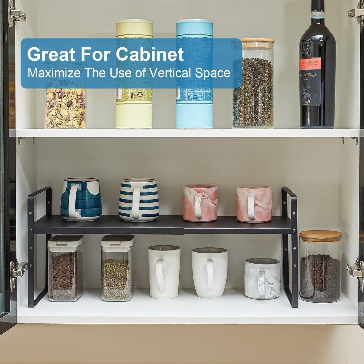 15.5 to 25.5 Inch Expandable Kitchen Cabinet Organizer Shelf, 30 LBS Heavy Duty Adjustable Kitchen Counter Storage Shelves Organizers,Stackable Small Storage Shelf Rack For Cabinet Cupboard