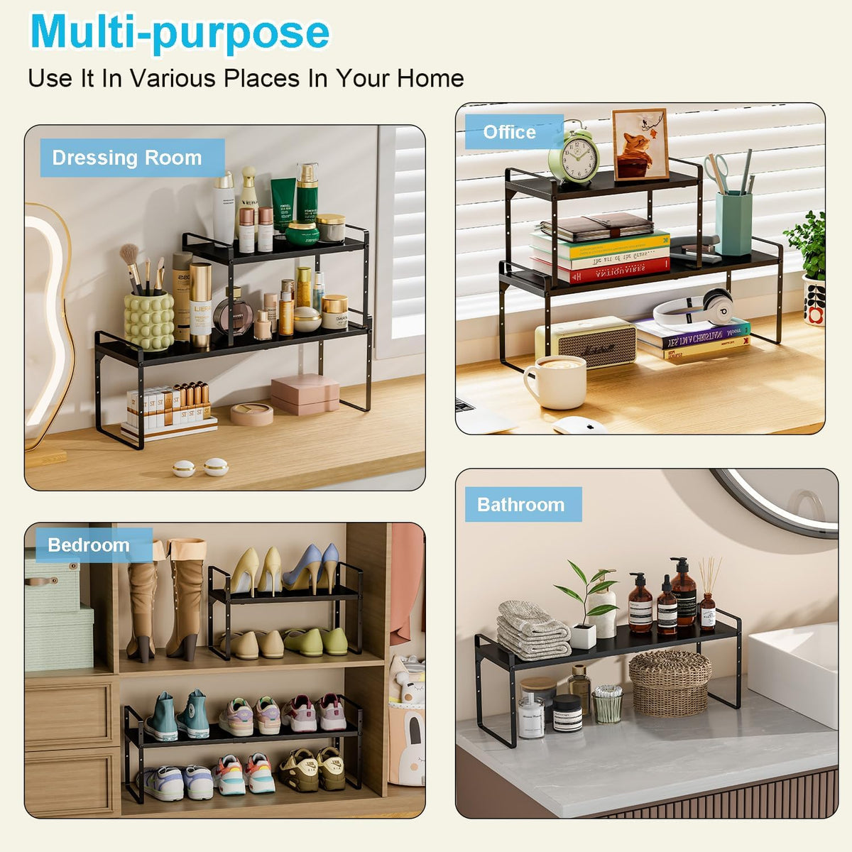15.5 to 25.5 Inch Expandable Kitchen Cabinet Organizer Shelf, 30 LBS Heavy Duty Adjustable Kitchen Counter Storage Shelves Organizers,Stackable Small Storage Shelf Rack For Cabinet Cupboard