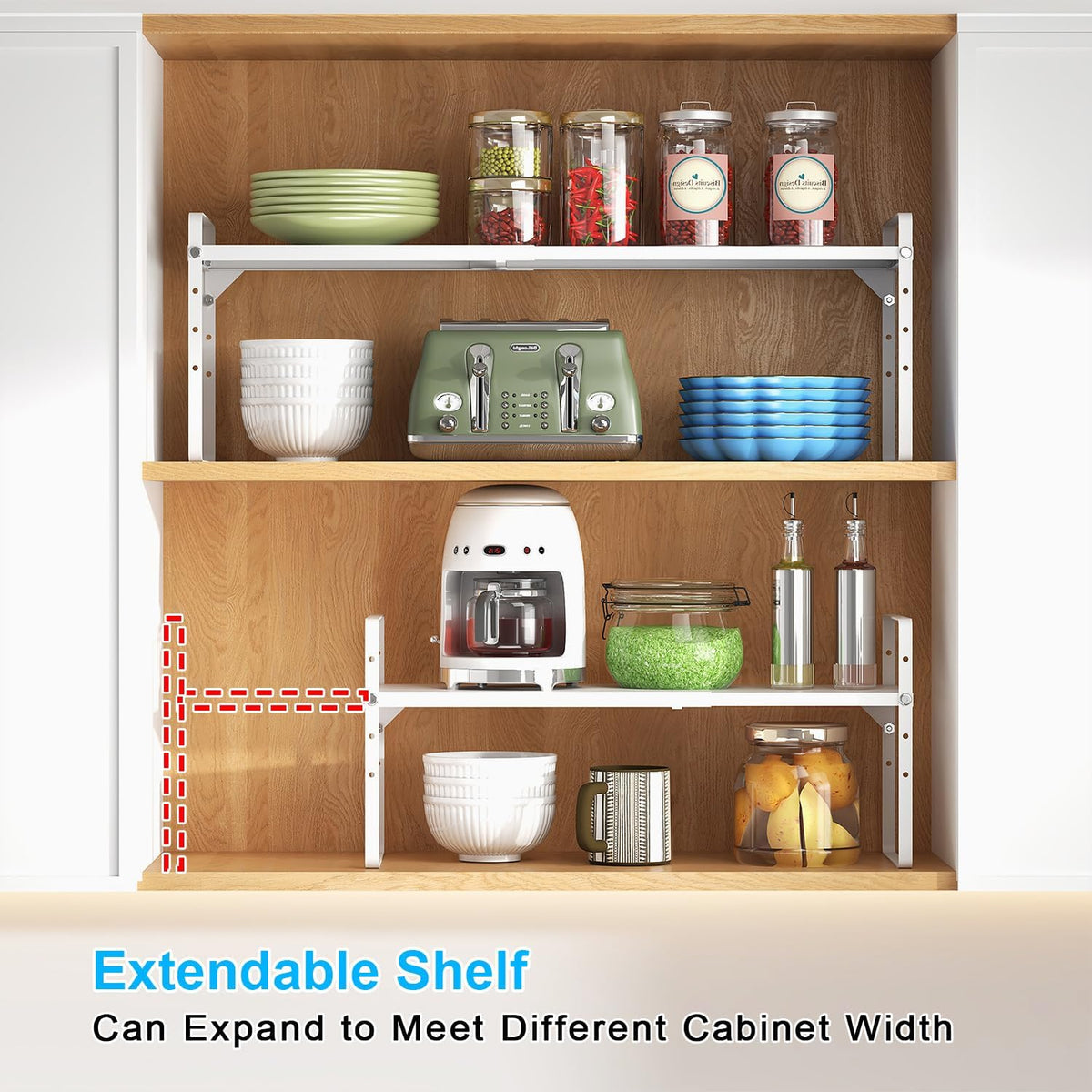 15.5 to 25.5 Inch Expandable Kitchen Cabinet Organizer Shelf, 30 LBS Heavy Duty Adjustable Kitchen Counter Storage Shelves Organizers,Stackable Small Storage Shelf Rack For Cabinet Cupboard