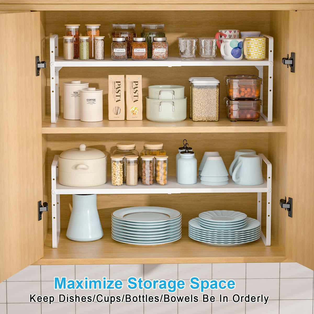 15.5 to 25.5 Inch Expandable Kitchen Cabinet Organizer Shelf, 30 LBS Heavy Duty Adjustable Kitchen Counter Storage Shelves Organizers,Stackable Small Storage Shelf Rack For Cabinet Cupboard