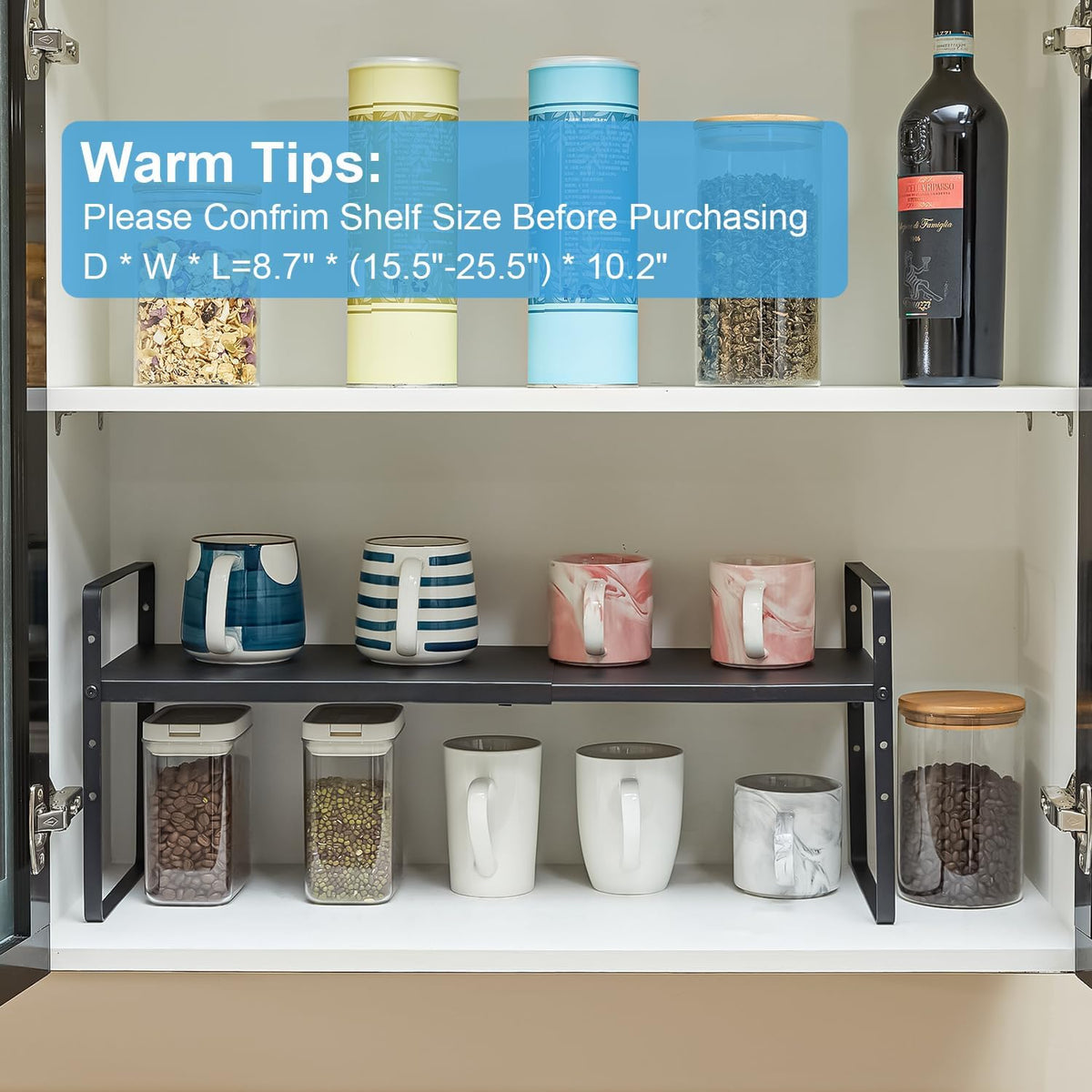 15.5 to 25.5 Inch Expandable Kitchen Cabinet Organizer Shelf, 30 LBS Heavy Duty Adjustable Kitchen Counter Storage Shelves Organizers,Stackable Small Storage Shelf Rack For Cabinet Cupboard