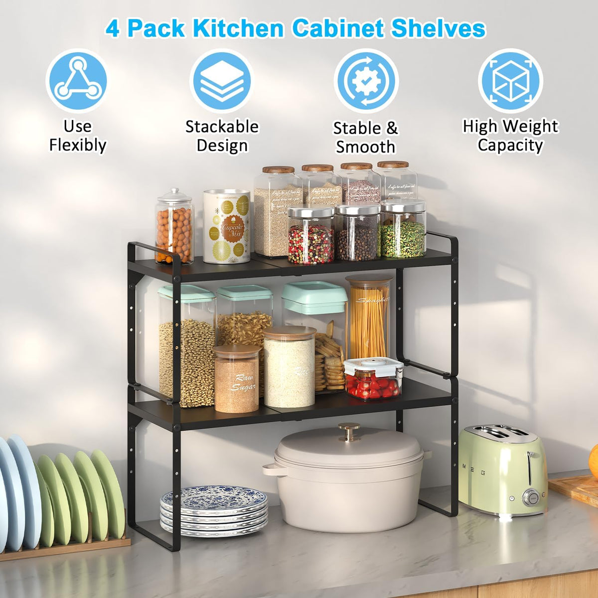 15.5 to 25.5 Inch Expandable Kitchen Cabinet Organizer Shelf, 30 LBS Heavy Duty Adjustable Kitchen Counter Storage Shelves Organizers,Stackable Small Storage Shelf Rack For Cabinet Cupboard