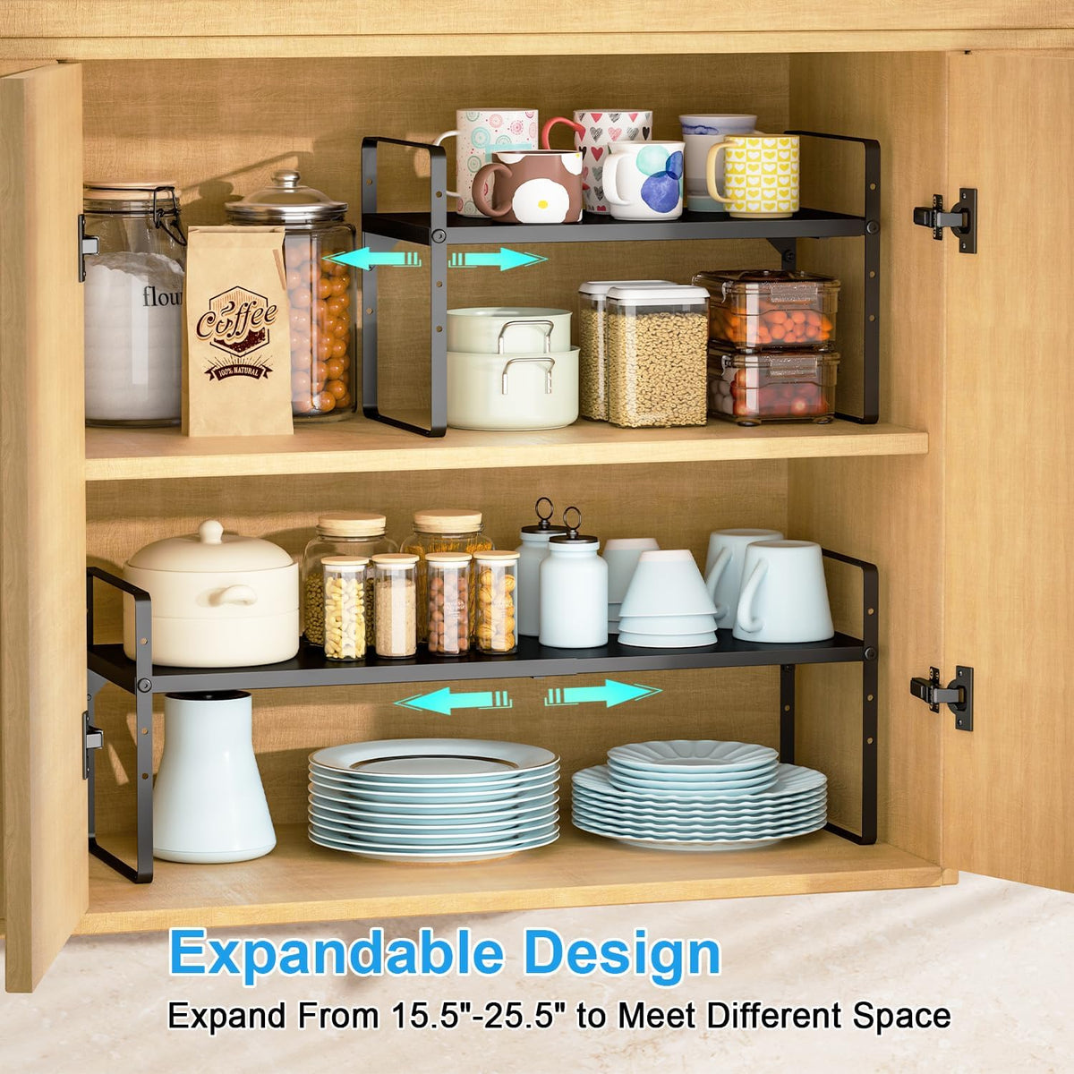 15.5 to 25.5 Inch Expandable Kitchen Cabinet Organizer Shelf, 30 LBS Heavy Duty Adjustable Kitchen Counter Storage Shelves Organizers,Stackable Small Storage Shelf Rack For Cabinet Cupboard