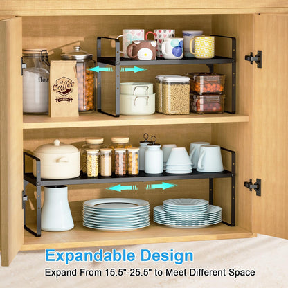 15.5 to 25.5 Inch Expandable Kitchen Cabinet Organizer Shelf, 30 LBS Heavy Duty Adjustable Kitchen Counter Storage Shelves Organizers,Stackable Small Storage Shelf Rack For Cabinet Cupboard