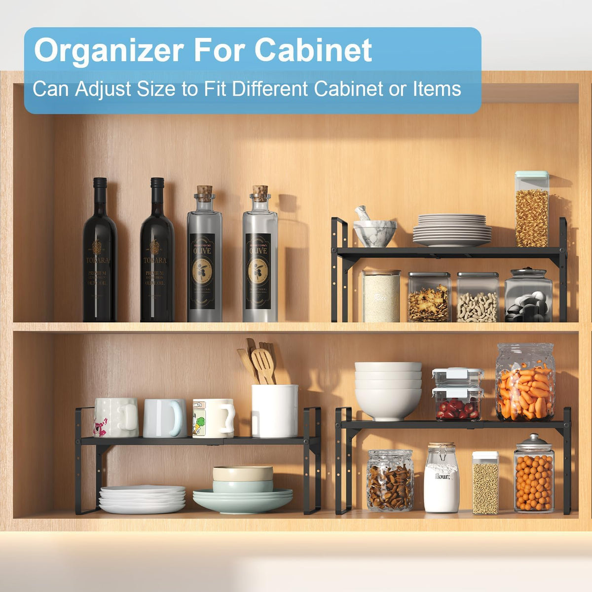 15.5 to 25.5 Inch Expandable Kitchen Cabinet Organizer Shelf, 30 LBS Heavy Duty Adjustable Kitchen Counter Storage Shelves Organizers,Stackable Small Storage Shelf Rack For Cabinet Cupboard