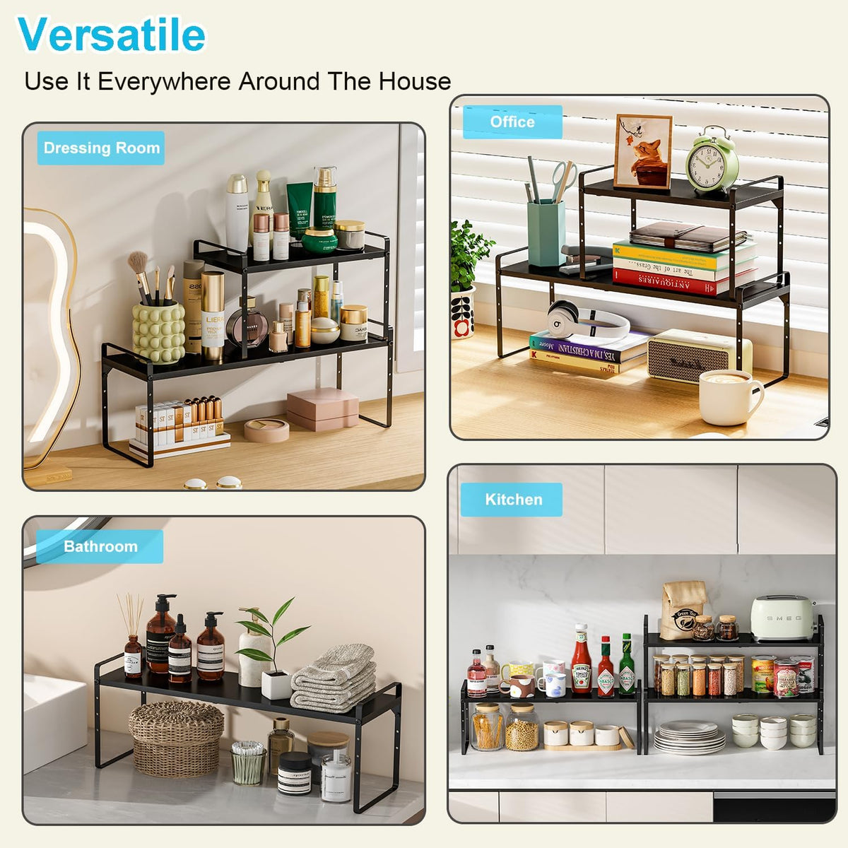 15.5 to 25.5 Inch Expandable Kitchen Cabinet Organizer Shelf, 30 LBS Heavy Duty Adjustable Kitchen Counter Storage Shelves Organizers,Stackable Small Storage Shelf Rack For Cabinet Cupboard