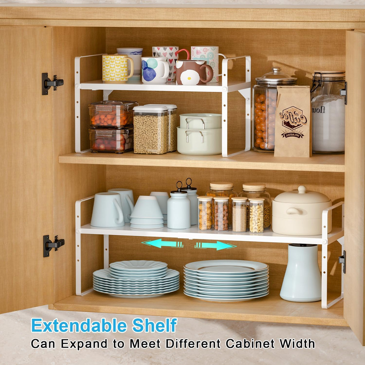 15.5 to 25.5 Inch Expandable Kitchen Cabinet Organizer Shelf, 30 LBS Heavy Duty Adjustable Kitchen Counter Storage Shelves Organizers,Stackable Small Storage Shelf Rack For Cabinet Cupboard