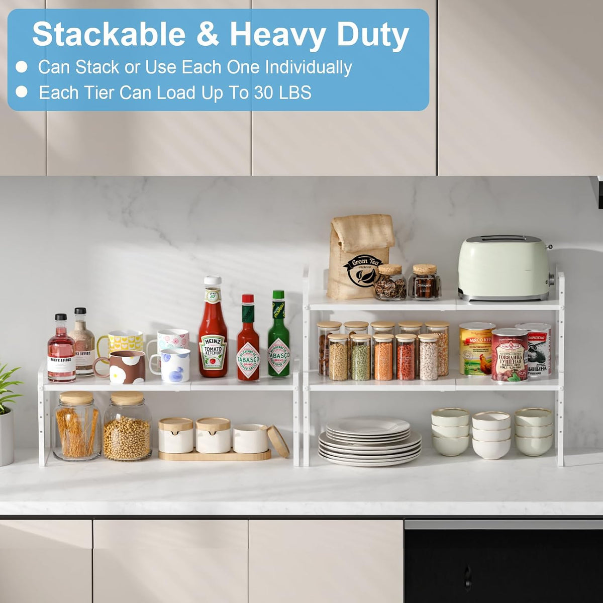 15.5 to 25.5 Inch Expandable Kitchen Cabinet Organizer Shelf, 30 LBS Heavy Duty Adjustable Kitchen Counter Storage Shelves Organizers,Stackable Small Storage Shelf Rack For Cabinet Cupboard
