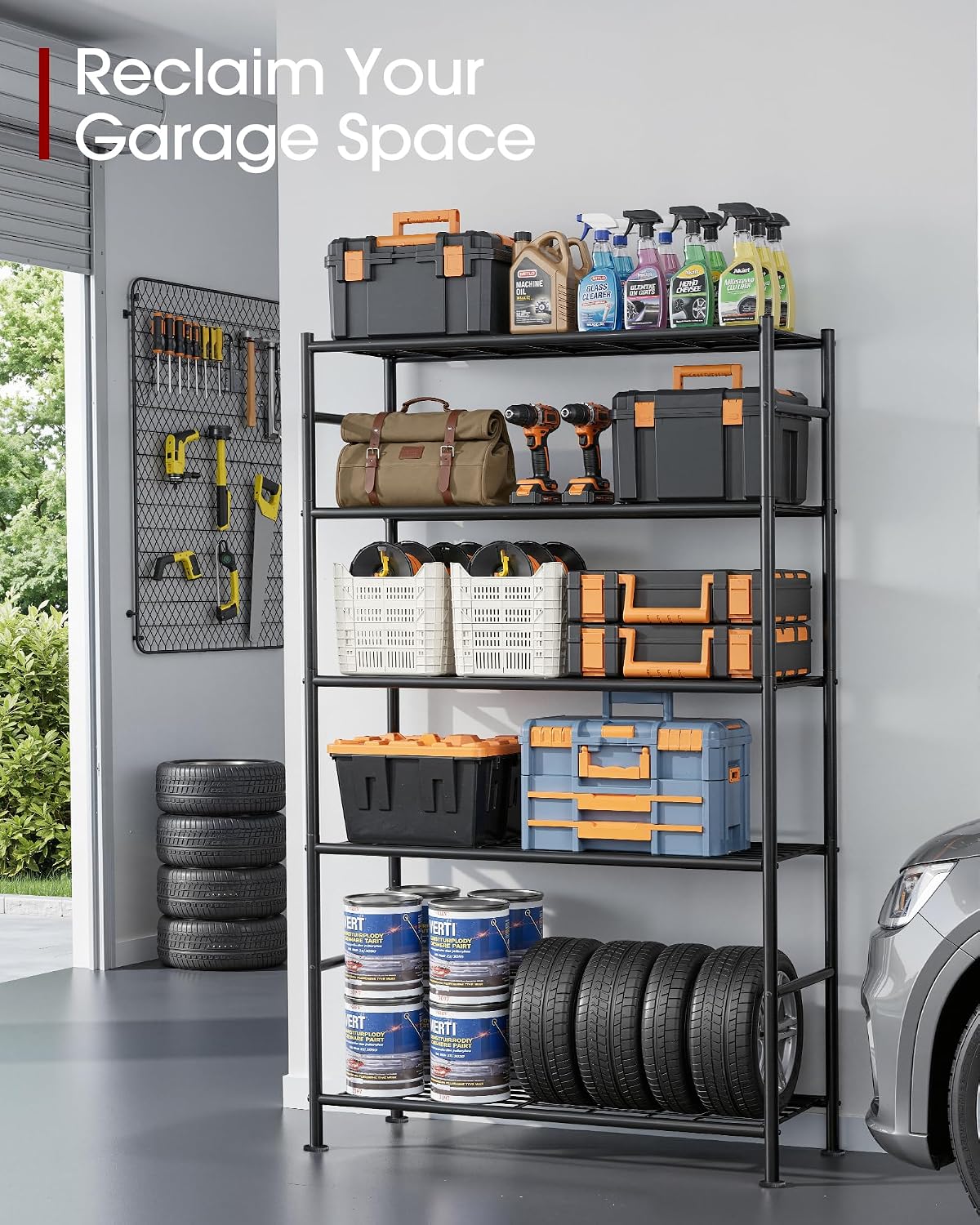 Storage Shelves - 5 Tier Shelf Organizer, Heavy Duty Garage Shelving Unit with Leveling Feet, Stable Metal Shelves Organizer for Pantry, Kitchen and Closet, 33.0" W x 12.6" D x 72.0" H, Black
