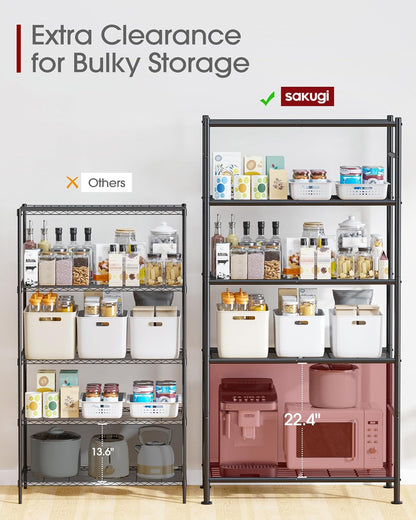 Storage Shelves - 5 Tier Shelf Organizer, Heavy Duty Garage Shelving Unit with Leveling Feet, Stable Metal Shelves Organizer for Pantry, Kitchen and Closet, 33.0" W x 12.6" D x 72.0" H, Black