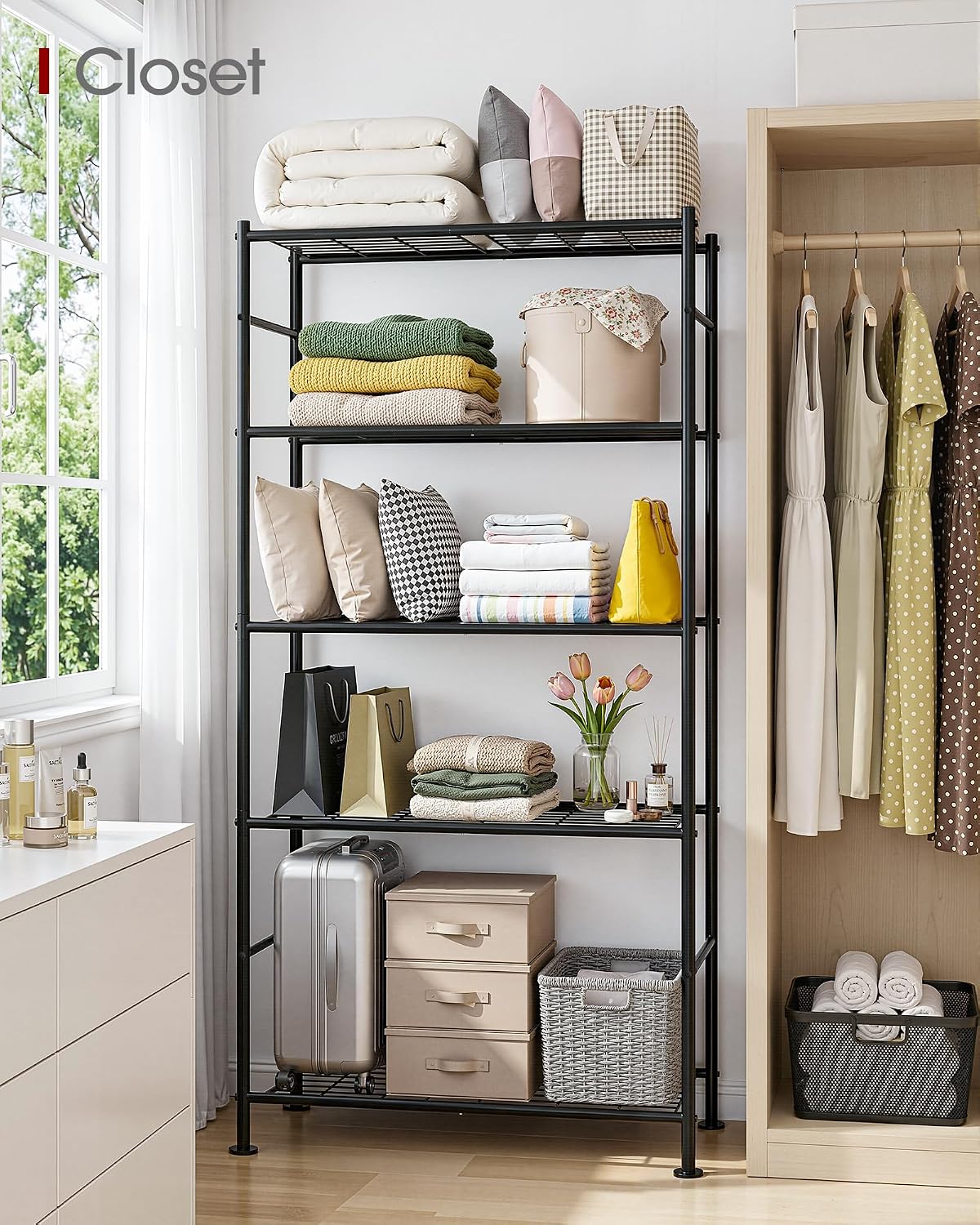 Storage Shelves - 5 Tier Shelf Organizer, Heavy Duty Garage Shelving Unit with Leveling Feet, Stable Metal Shelves Organizer for Pantry, Kitchen and Closet, 33.0" W x 12.6" D x 72.0" H, Black