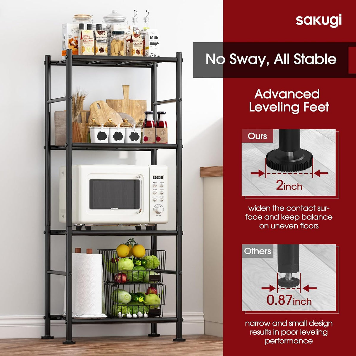 Storage Shelves - 5 Tier Shelf Organizer, Heavy Duty Garage Shelving Unit with Leveling Feet, Stable Metal Shelves Organizer for Pantry, Kitchen and Closet, 33.0" W x 12.6" D x 72.0" H, Black