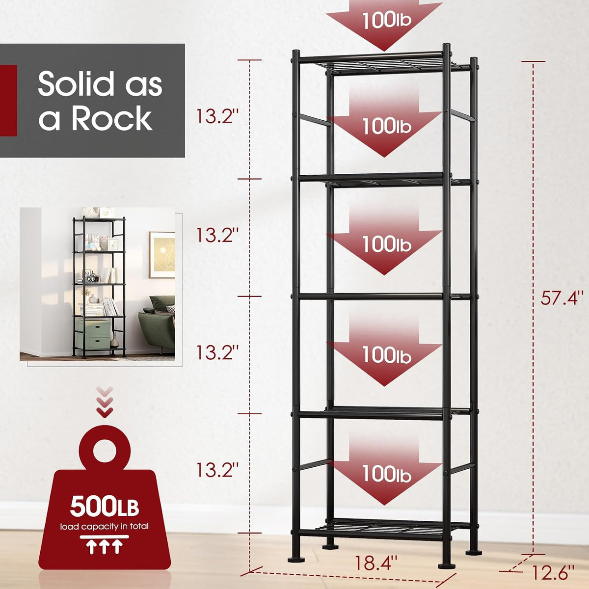 Storage Shelves - 5 Tier Shelf Organizer, Heavy Duty Garage Shelving Unit with Leveling Feet, Stable Metal Shelves Organizer for Pantry, Kitchen and Closet, 33.0" W x 12.6" D x 72.0" H, Black